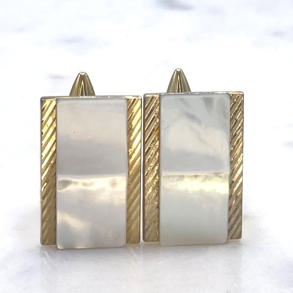 Mens Mother of Pearl Gold Tone Rectangular Bullet Back Cufflinks - Picture 8 of 12